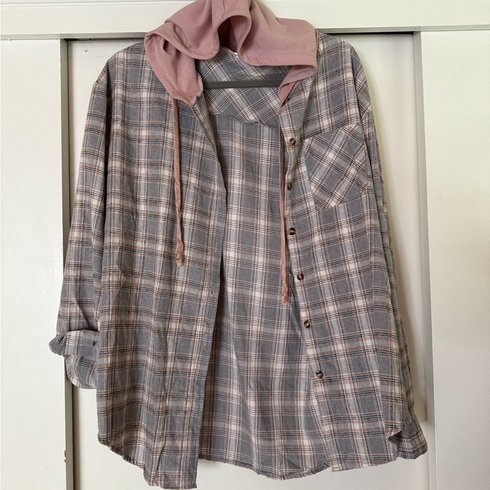 Gray & Pink Plaid Jacket with Pink Hood
